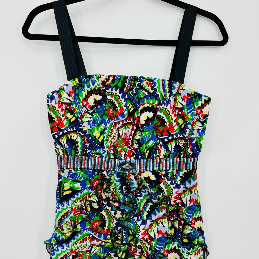 NWT Saloni Dana Silk Crepe Ruffle Floral Bodycon Midi Dress Holi Marina Beaded 2 - Picture 1 of 11